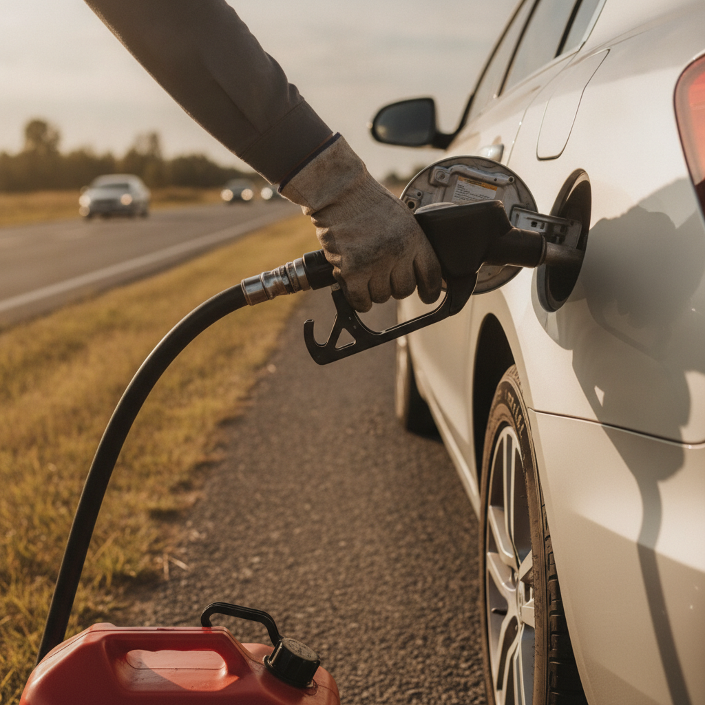technician's hand doing Fuel Delivery along the road