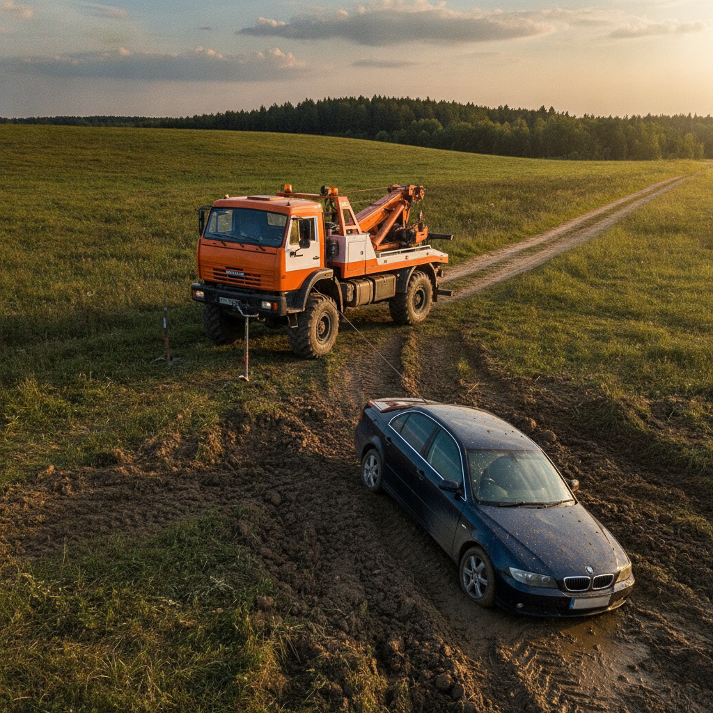 a car being recovered from being stuck on a mud, focus on a tow truck recovering the car